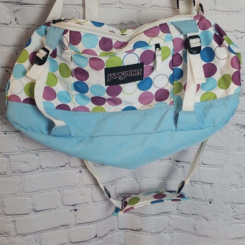 Jansport Polka Dot Travel Duffle in Light Blue, Purple, Green